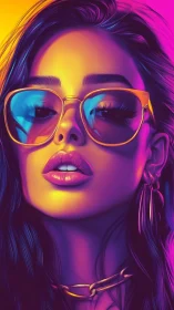 Neon portrait of woman in sunglasses and bold jewelry.