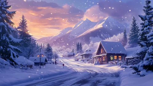 Snow-covered village road extends toward distant mountain range