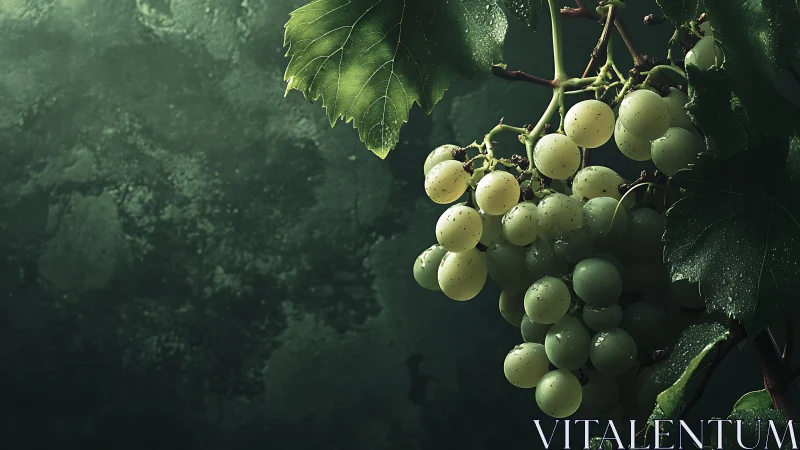 Green grapes hang in moody light against dark foliage.