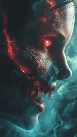 Demonic hybrid portrait with bioluminescent eye and smoke.