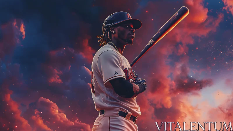 Baseball slugger waits to bat beneath a blazing cosmic sky