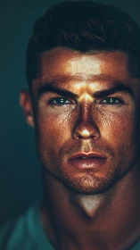 Male face close-up shows stylized skin texture and lighting