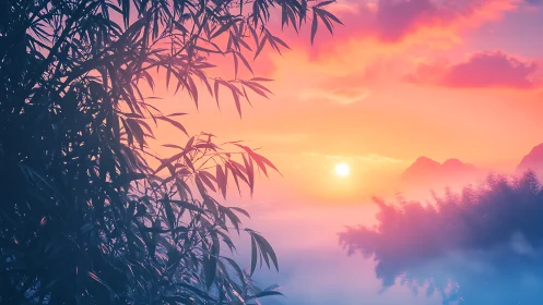 Bamboo silhouettes framing pastel sunrise over misted lake.