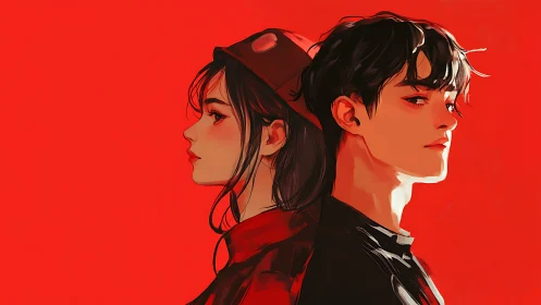 Side lit anime couple back to back on saturated red ground