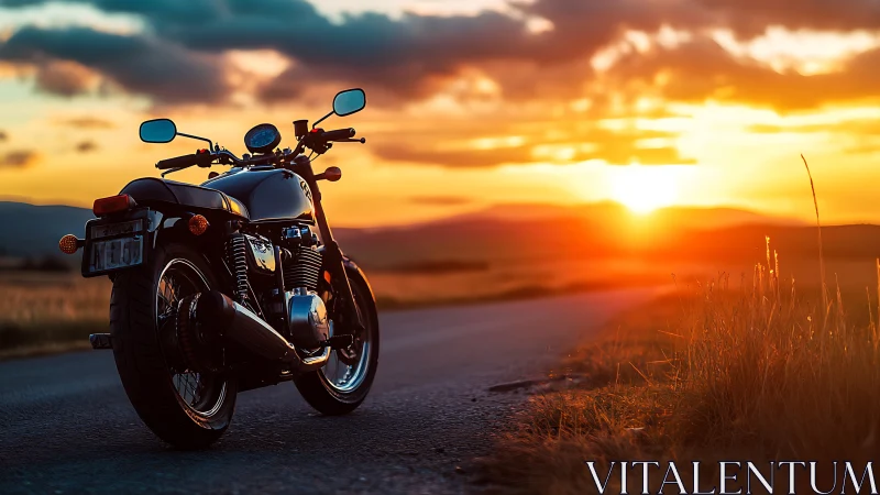 Classic motorcycle rests beside rural road at vivid sunset.
