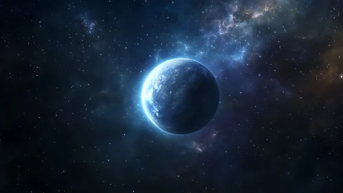 Distant blue planet in dark interstellar star field view.