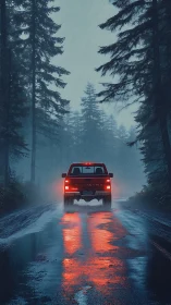 Cinematic rainy forest roadway with illuminated red pickup truck.