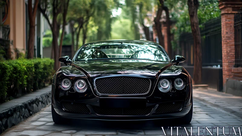 Front-facing black luxury grand tourer on tree-lined street