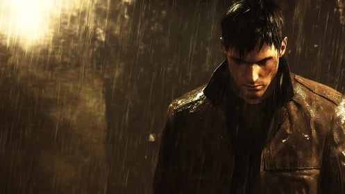 Male figure stands in heavy rain under directional backlight