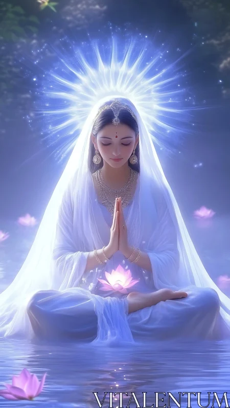 Luminous meditating goddess radiates halo over lotus water