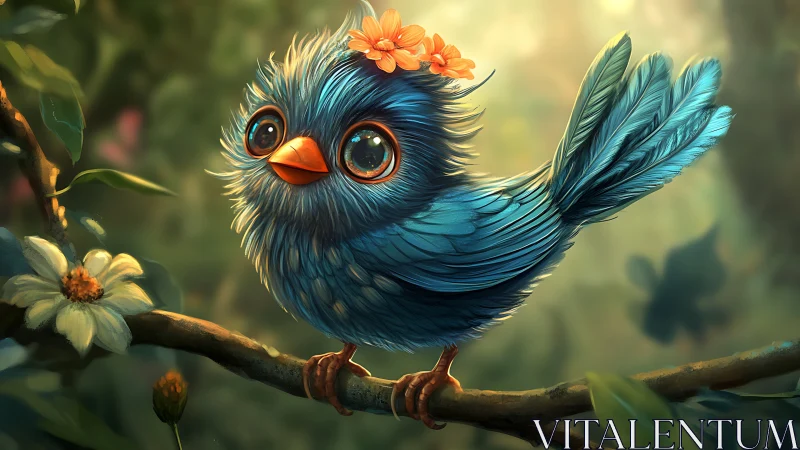 Adorable Blue Cartoon Bird With Flowers on Head, Digital Art Style.