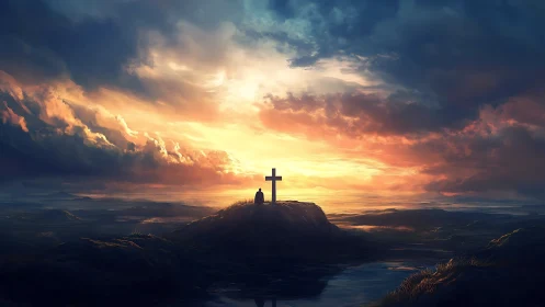 Sunset sky leans close as one soul kneels beneath the cross