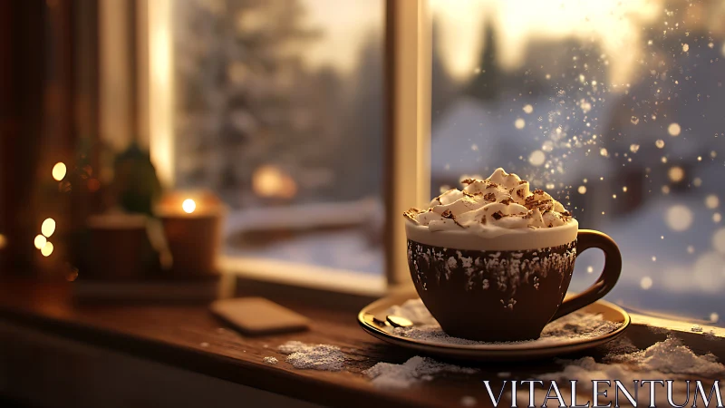 Cozy winter cocoa steams by a frosted window at sunset.