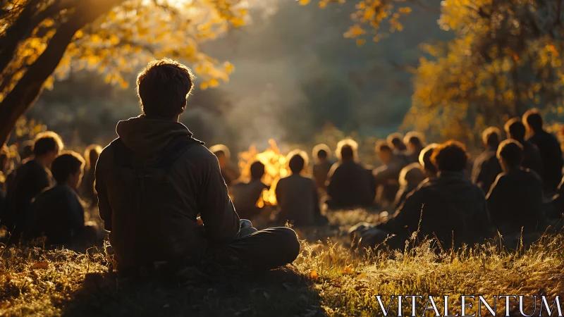 Sunlit forest gathering circles around glowing campfire.