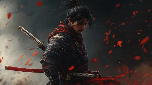 Solitary samurai wrapped in ember-red petals and resolve.