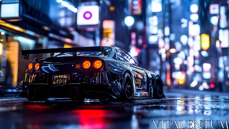 Widebody tuner coupe under neon-lit rain with cinematic bokeh depth