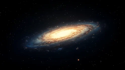 Spiral galaxy viewed edge-on in deep black star field.