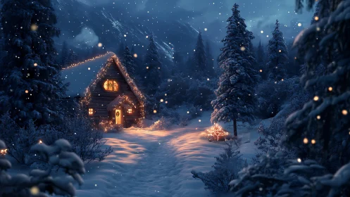 Snowy cabin glow amid deep blue winter forest night.