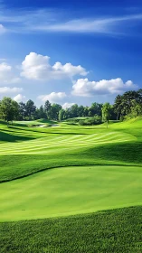 Golf course fairway and green under clear blue sky.