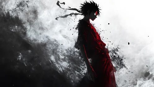 Red‑cloaked anime warrior emerges from swirling shadow storm