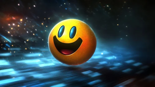 Glowing smiley sphere soars through a neon cosmic stream