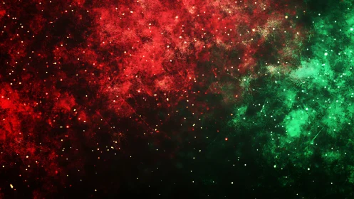 Bicolor cosmic nebula field in red and green particle haze.