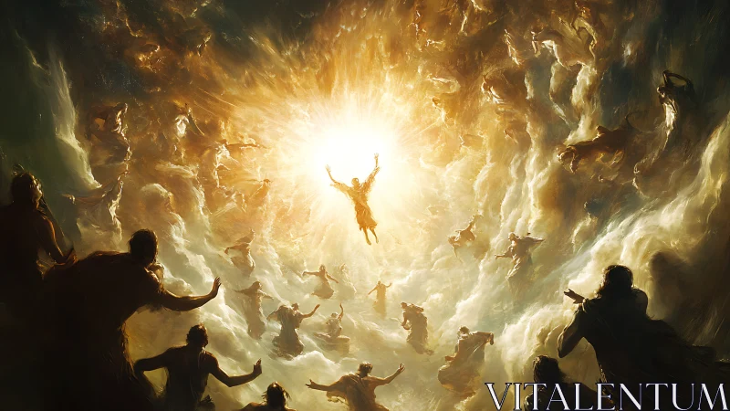 Heavenly ascent through swirling clouds of radiant light.