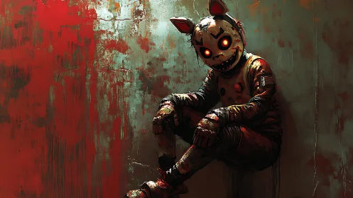 Haunting bunny-masked figure resting in a grungy corner.