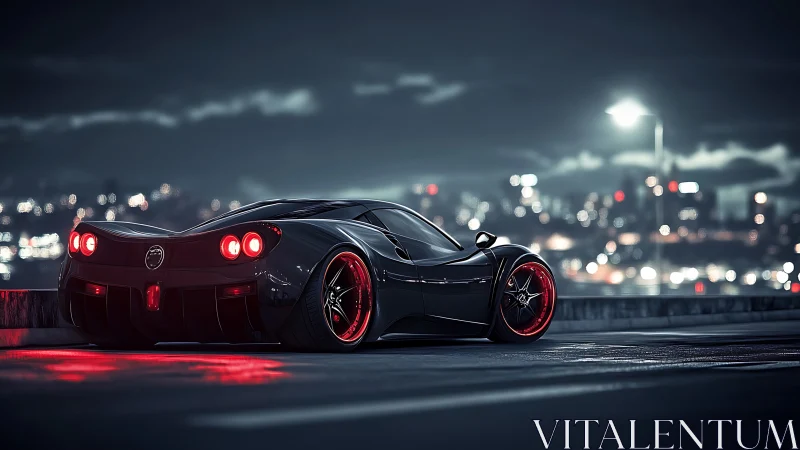 Black sports car sits on wet city road at night