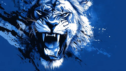 Electric midnight lion roar splashed in wild cobalt ink.