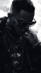 Monochrome portrait isolates high-contrast textures and jewelry detail