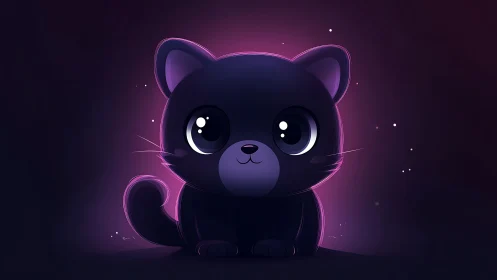 Cute glowing cartoon black cat on dark neon background.