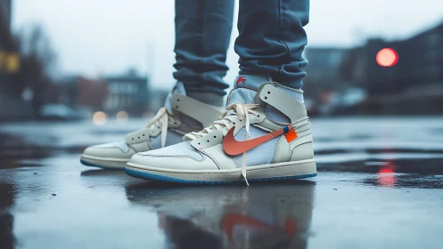 Streetwear sneakers stand bold on wet urban pavement at dusk.