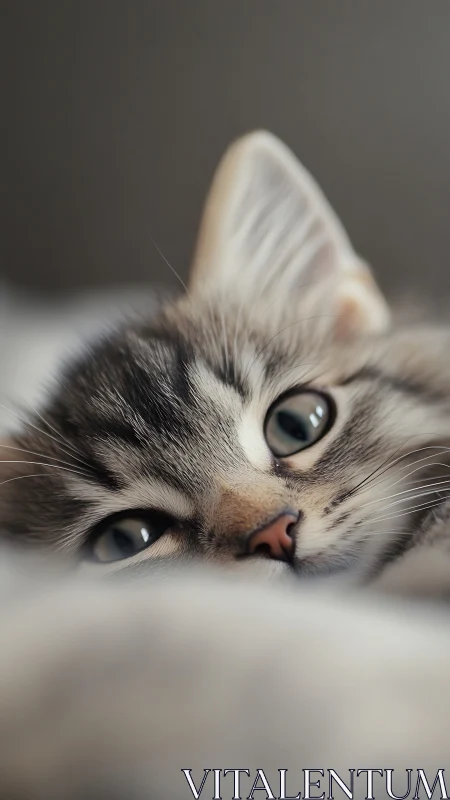 Tabby Cat Portrait with Blue Eyes and Neutral Background.