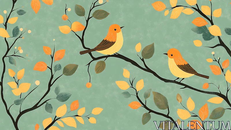 Two songbirds perched on autumn branches with golden and sage foliage.