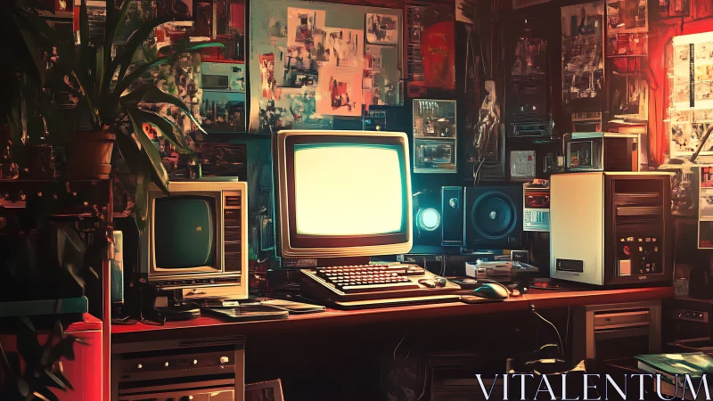 Glowing retro monitors orchestrate a neon soaked hacker shrine