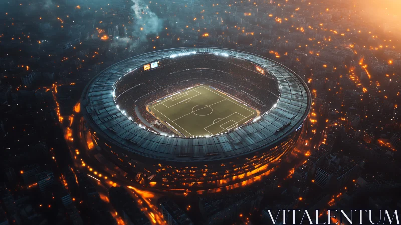 Floodlit cyber stadium hovers over a smoldering neon city