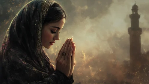 Gentle dusk prayers beside a distant, misty minaret.