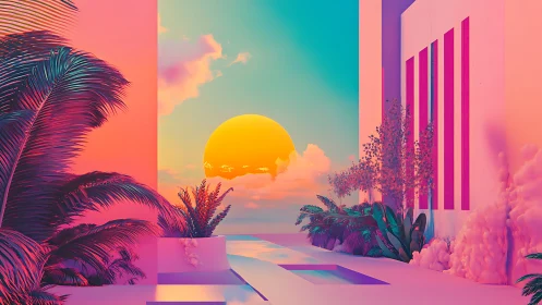 Neon tropical courtyard frames surreal golden sunset glow.