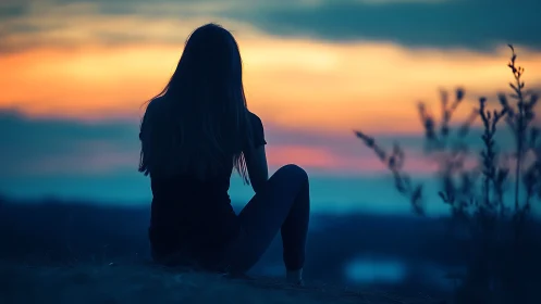 Silhouetted woman sits alone watching vivid sunset horizon