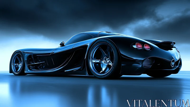 Sleek black futuristic supercar on glossy blue surface.