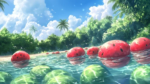 Surreal tropical shoreline with floating watermelon spheres.
