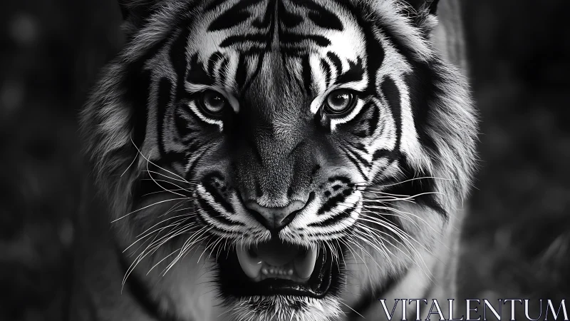 Monochrome tiger portrait with frontal predatory emphasis.