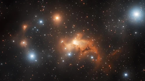 Star field with orange nebula and bright scattered points.