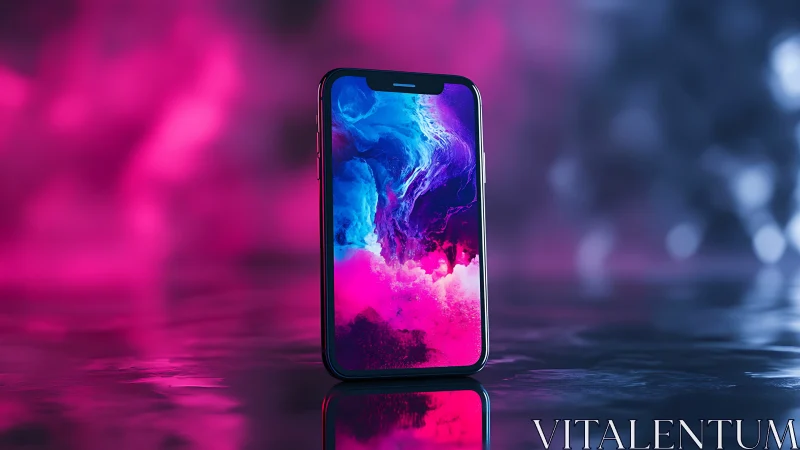 Smartphone stands upright on reflective surface with neon light