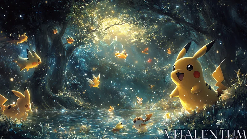 Pikachu characters gathering in glowing fantasy forest pond