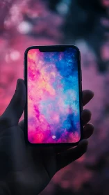 Smartphone with Gradient Display and Blurred Neon Background.