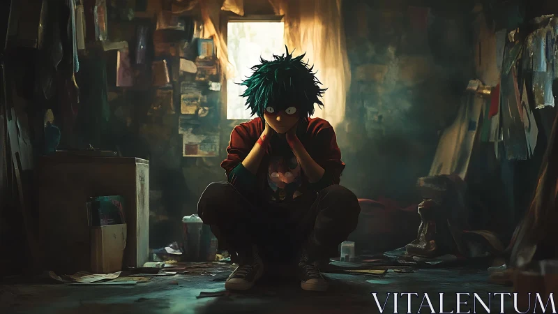 Brooding green haired youth in dim painterly urban room.