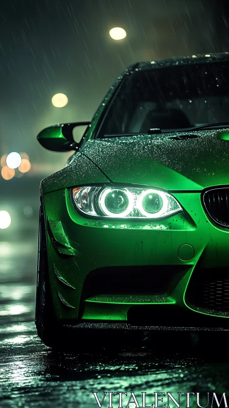 Green sports coupe is parked in evening rain on wet roadway
