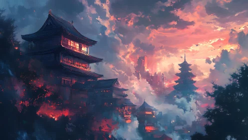 Sunlit mountain pagodas glow softly in a dreamy sky